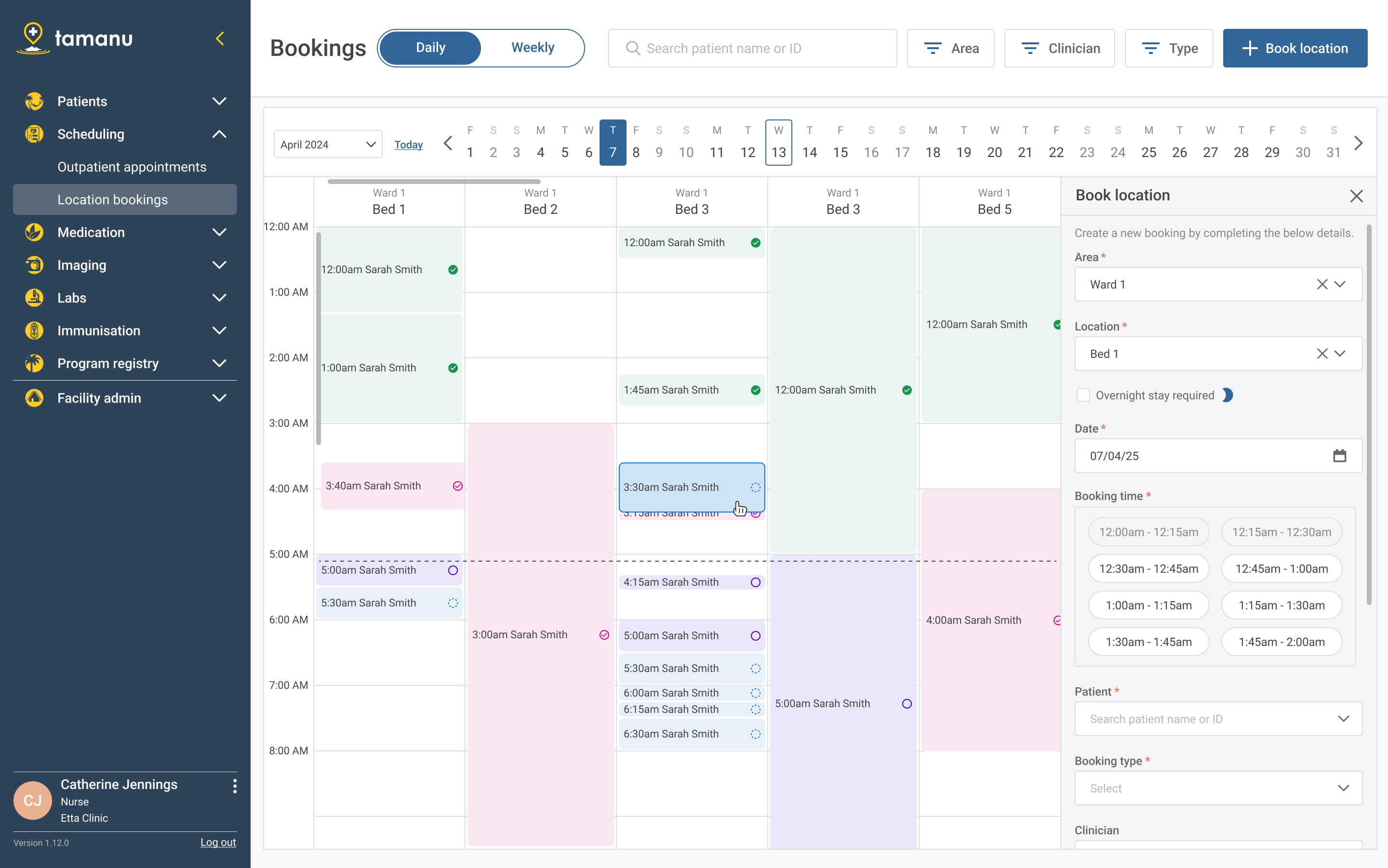 Location bookings daily view with drag-and-drop scheduling